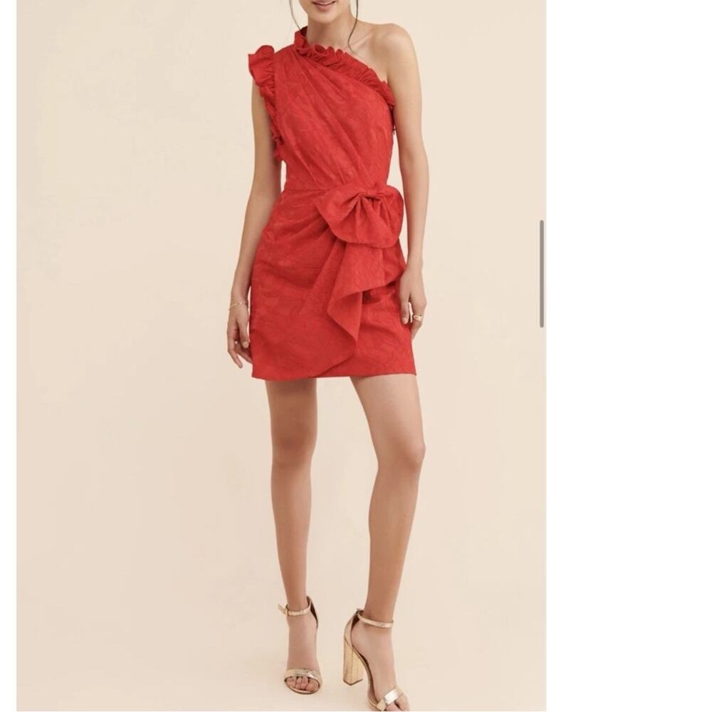 Monique Lhuillier Red Ruffled One-Shoulder Mini Dress